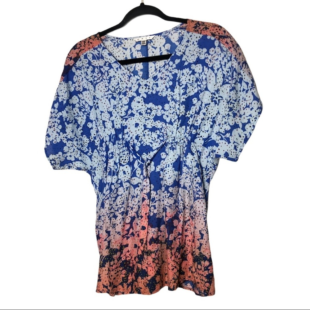 Cabi 891 Floral Ombre V-Neck Blouse Blue Coral Elastic Waist Rayon Top XS